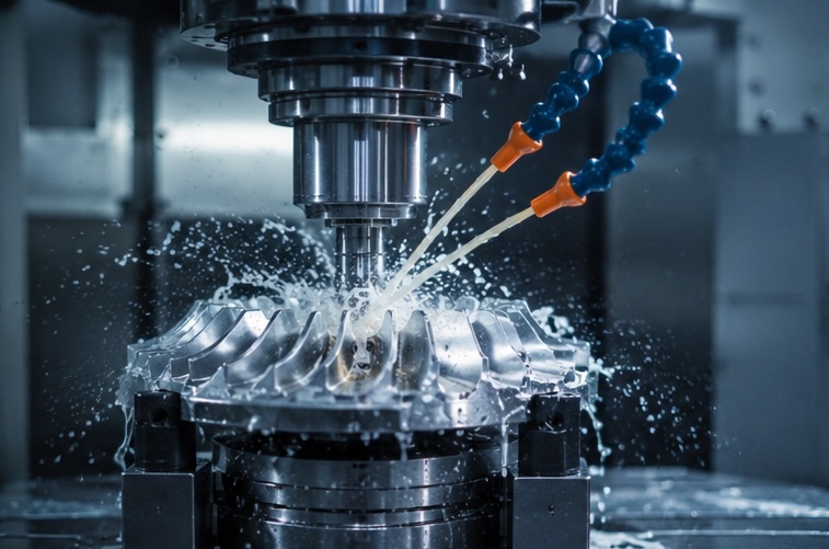 CNC milling machine cutting a metal turbine impeller with coolant spray